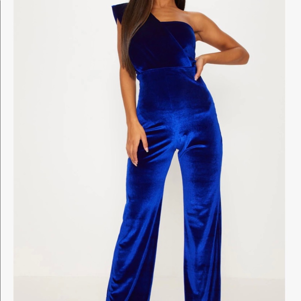 Holiday Party One Shoulder Blue Velvet Jumpsuit